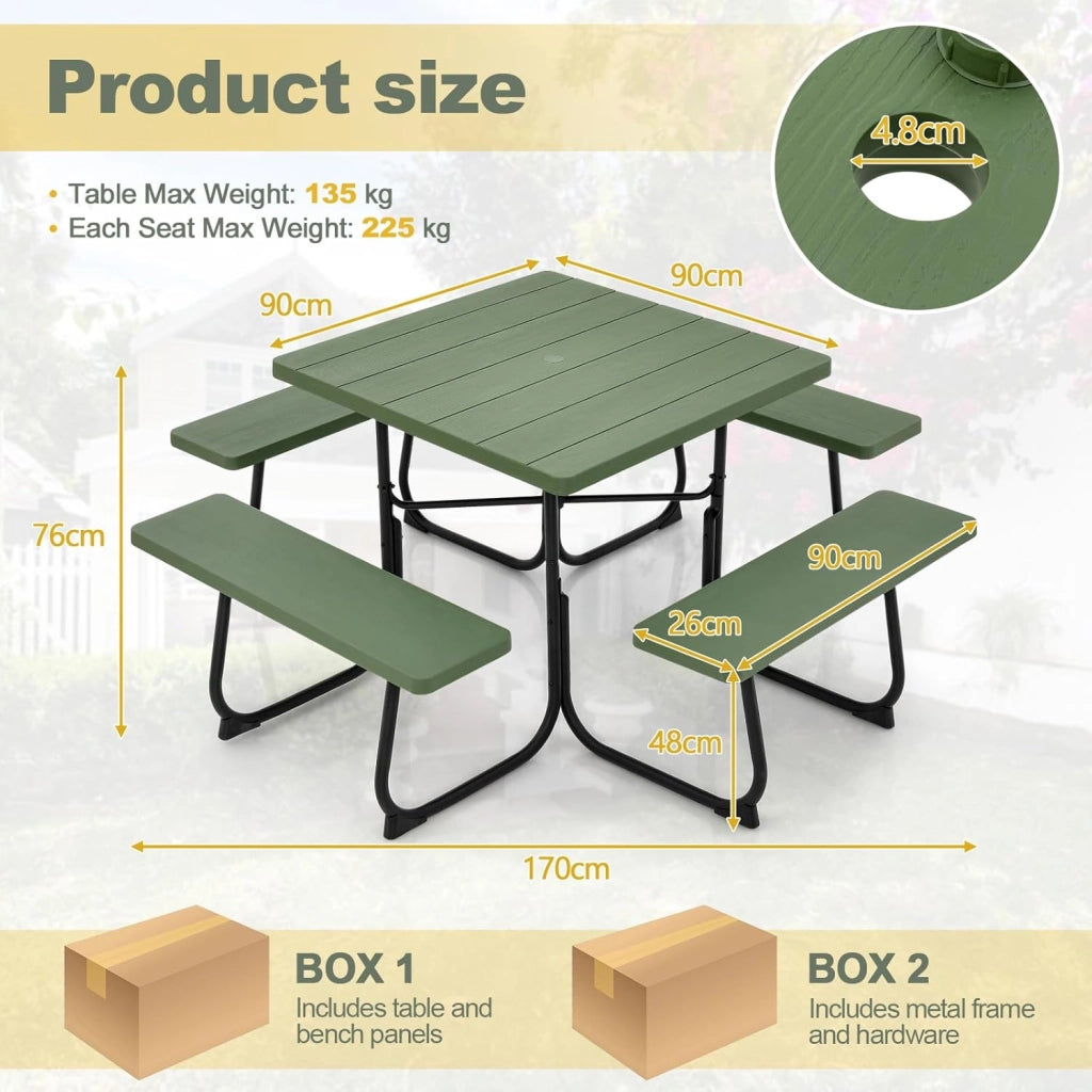 Set di tavolo da picnic per 8 persone, tavolo quadrato e 4 panche in HDPE, con foro per ombrellone, texture simile al legno, per giardino, patio (verde)