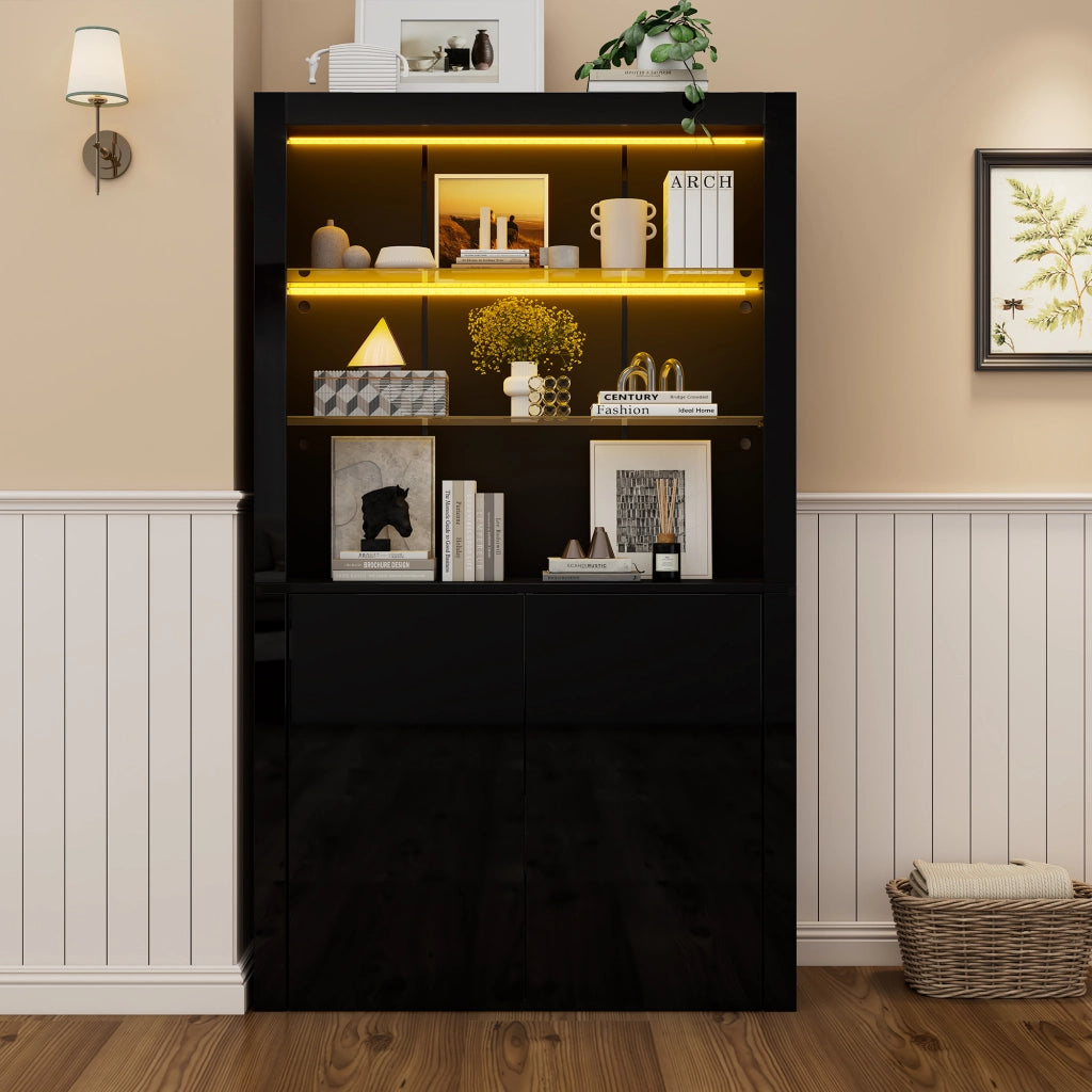 Vetrina con LED e 2 ante, 2 vani contenitore, per soggiorno, in MDF, truciolare e vetro, nera, 100 × 35 × 170 cm