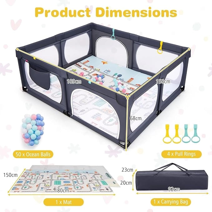 Box per Bambini con Materassino, Recinto per Bambini 189 x 158 cm con 4 Anelli e 50 Palline Colorate, Rete Traspirante, Tasca e Borsa, Box Giochi per Bambino 0-3 Anni (Grigio Scuro)