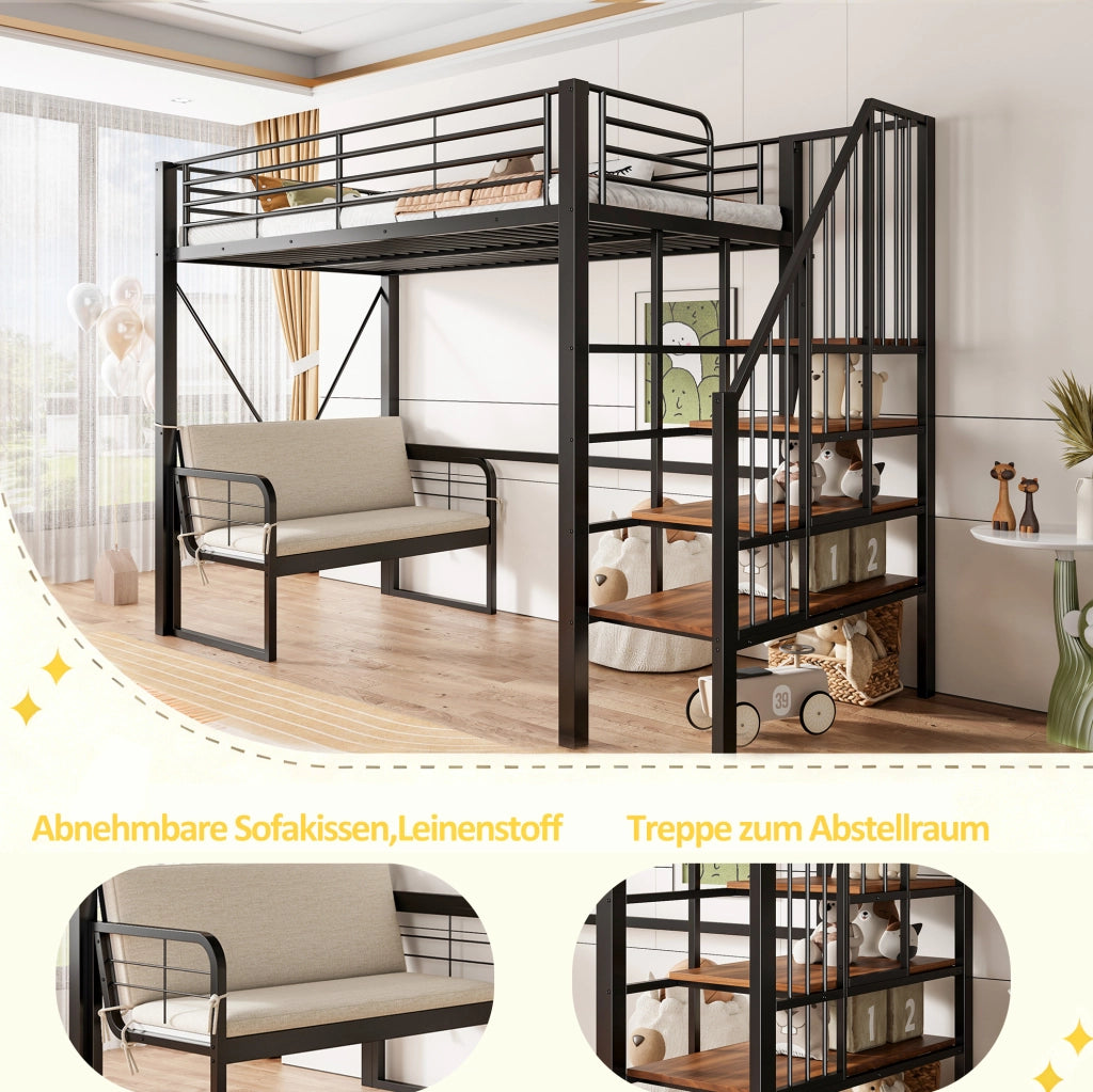 Letto a castello 90x200 cm in metallo con divano e scala contenitore