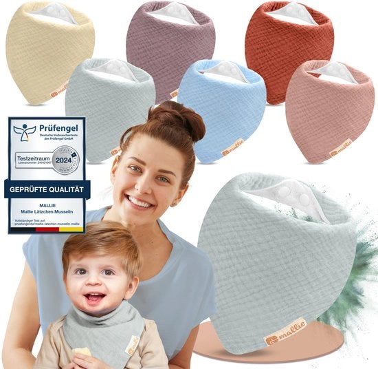 Set di 6 slabbettoni per bambini in tessuto di cotone mallie

Specifica tecnica:
- Materiale: cotone
- Forma: slabbettoni, bandana a triangolo, bandana
- Quantità: 6 pezzi
- Caratteristiche: super soffici, mousseline