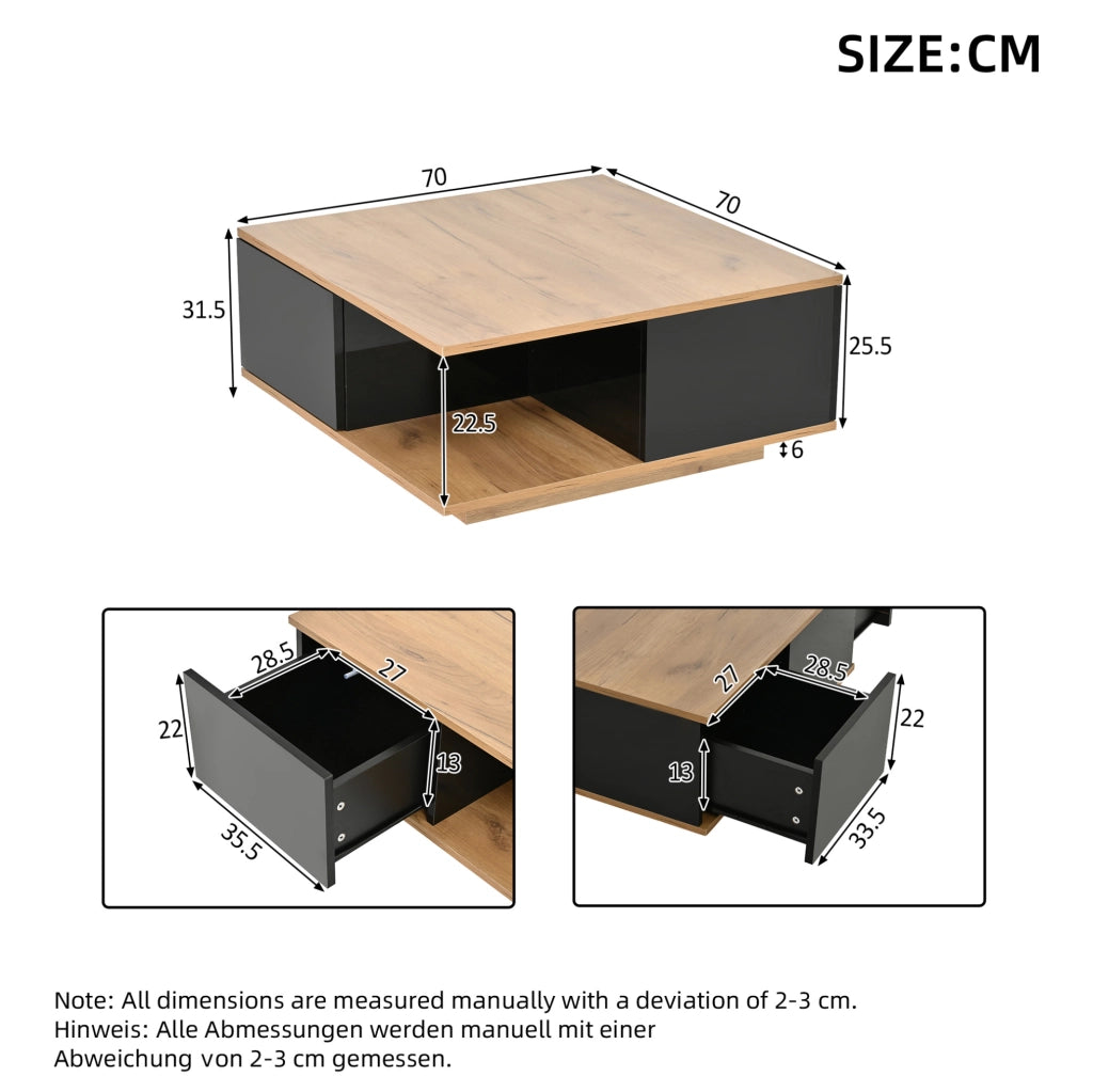Tavolino da caffè 70x70x31;5 cm con 3 cassetti e vano aperto in truciolare nero e naturale