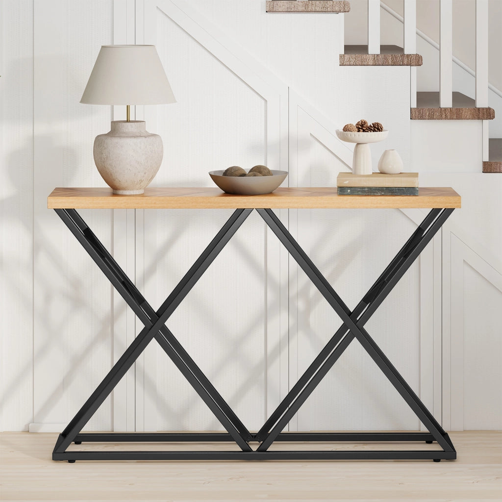 Tavolo consolle rustico base metallo geometrica 140cm lungo-Tavolo ingresso industriale retro divano corridoio soggiorno