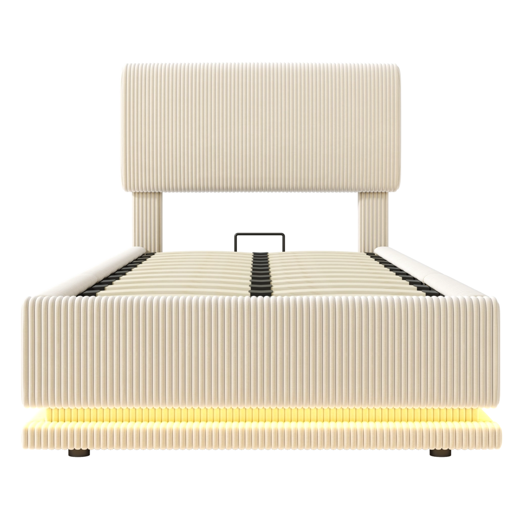 Letto imbottito 90x200 cm con LED e USB-C; testiera regolabile; velluto a coste beige