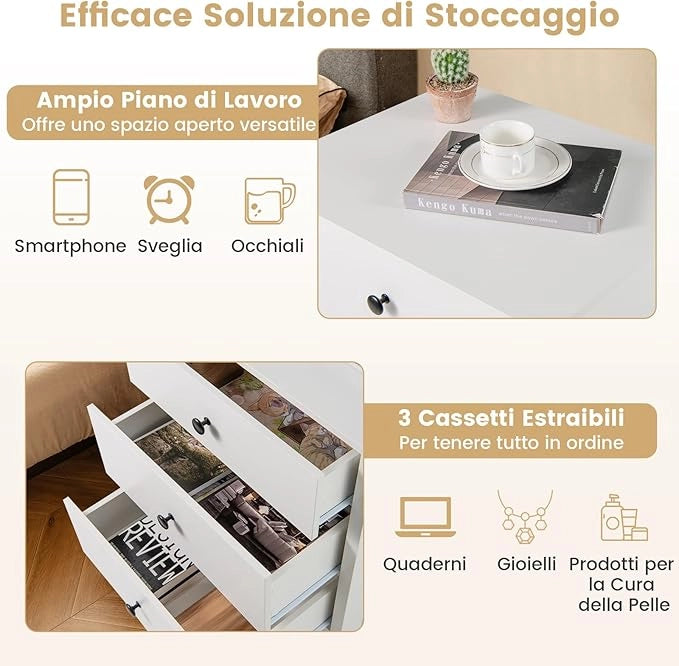 Comodino con 3 Cassetti 56 x 45 x 66 cm, Cassettiera da Letto, Tavolino Spazioso con Struttura Resistente, per Camera da Letto, Soggiorno e Ufficio (Bianco)
