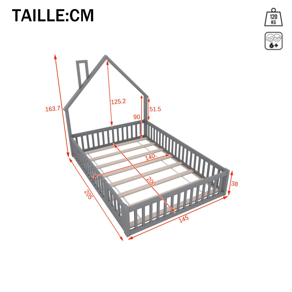 Letto per Bambini 140×200 cm; Letto Singolo con Sponde di Sicurezza e Design a Camino; senza Materasso; Grigio