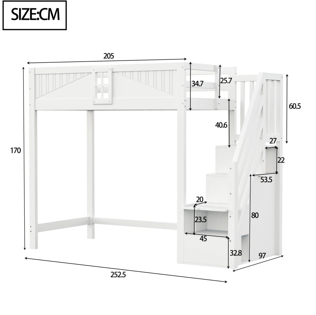 Letto a soppalco 90x200 cm con scala reversibile e vani portaoggetti in legno bianco