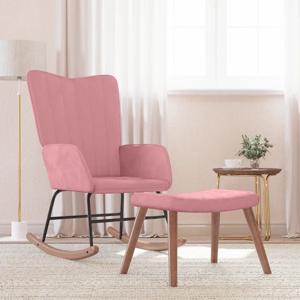 Poltrona a Dondolo | Sedia Relax con Poggiapiedi Rosa in Velluto