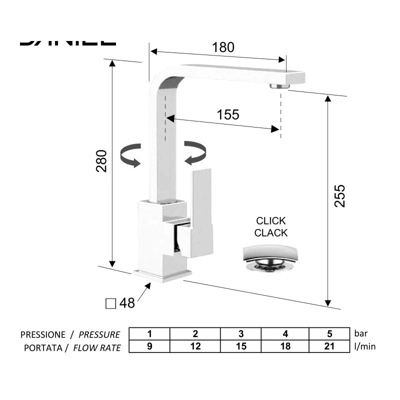Miscelatore per lavabo con canna girevole design quadro skyline