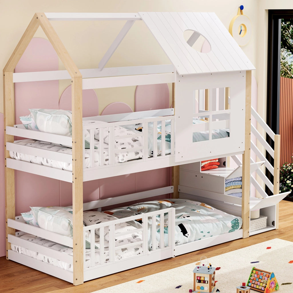 Letto a castello con scala contenitore in legno massiccio e MDF 90x200 cm