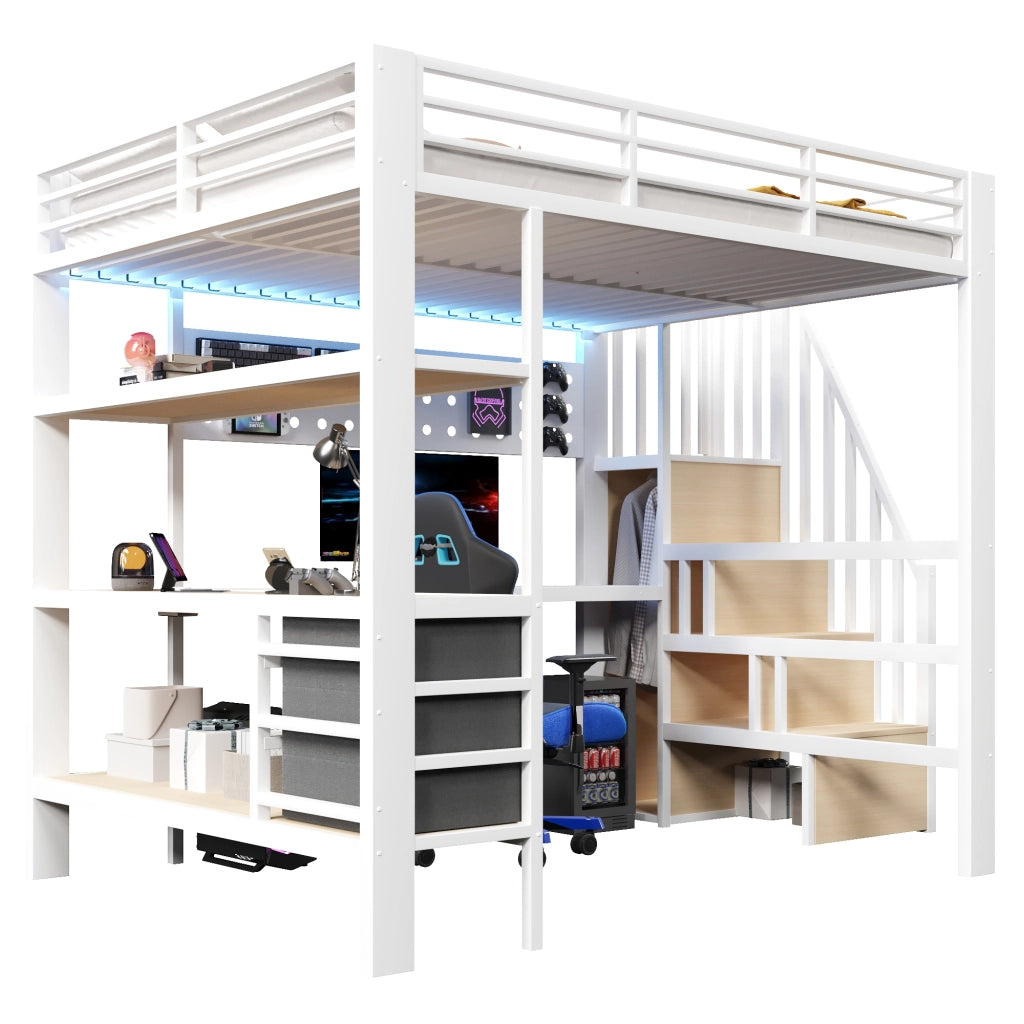 Letto a soppalco con scrivania, cassetto e luce LED ¨C MINIMAL ¨C Bianco, Metallo, 140x200