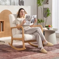 Poltrona a Dondolo 90°-130° con Cuscino Lombare rivestita in Tessuto Sherpa, 64.5x82x89 cm, Bianco e color Legno