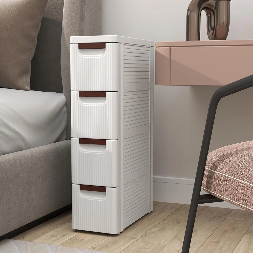 Mobiletto Stretto con Ruote, Carrello e Organizzatore Slim con 3/4/5/6 Cassetti per Spazi Piccoli, Cassettiera di Plastica per Soggiorno, Bagno, Cucina, Bianco (42 x 19 x 74 cm)