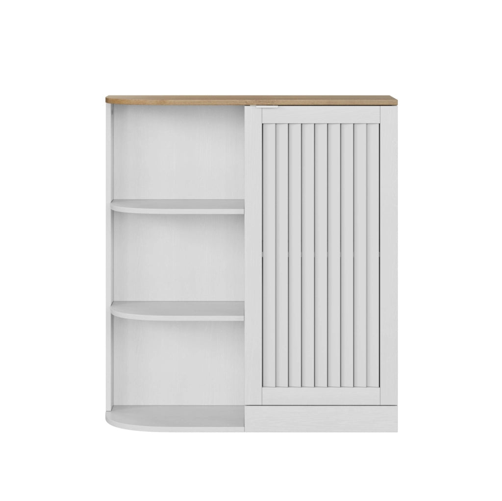 Mobile angolare da bagno con 3 ripiani aperti e ripiani regolabili; MDF bianco e rovere; 68x25x76 cm