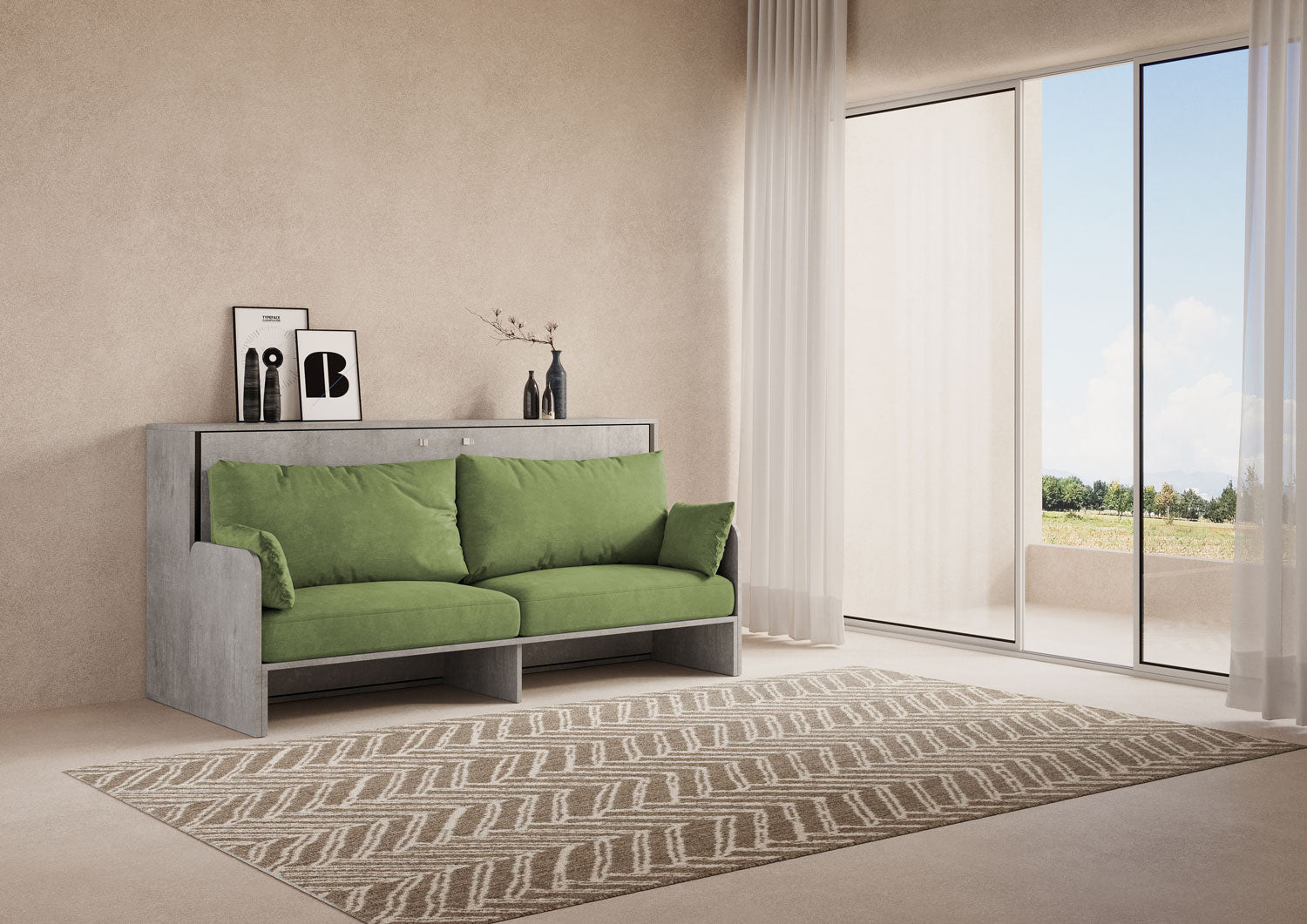 Letto Singolo A Scomparsa Kando Con Divano Cemento e Verde