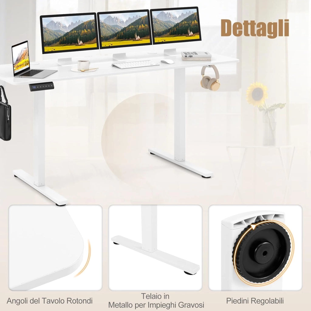 Scrivania Regolabile in Altezza 160 x 60 cm, Scrivania Elettrica con Pannello Smart Anticollisione, Scrivania per Computer con 2 Fori per Cavi e 2 Ganci, per Ufficio e Studio, Bianco
