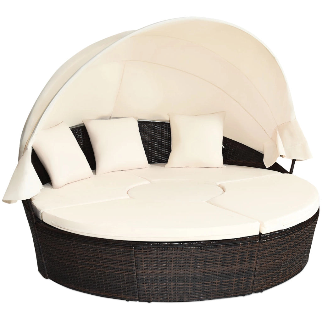Letto da giardino rotondo in rattan con tettuccio retrattile sedili separati, Set di divano modulare Beige-Set mobili da esterno