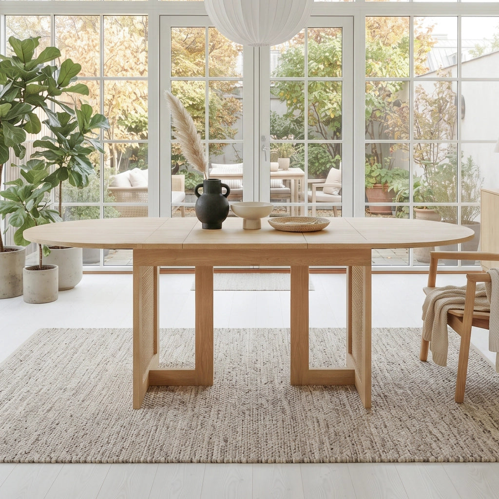 Tavolo da pranzo allungabile in MDF effetto rovere, con bordi arrotondati e gambe con dettagli in rattan