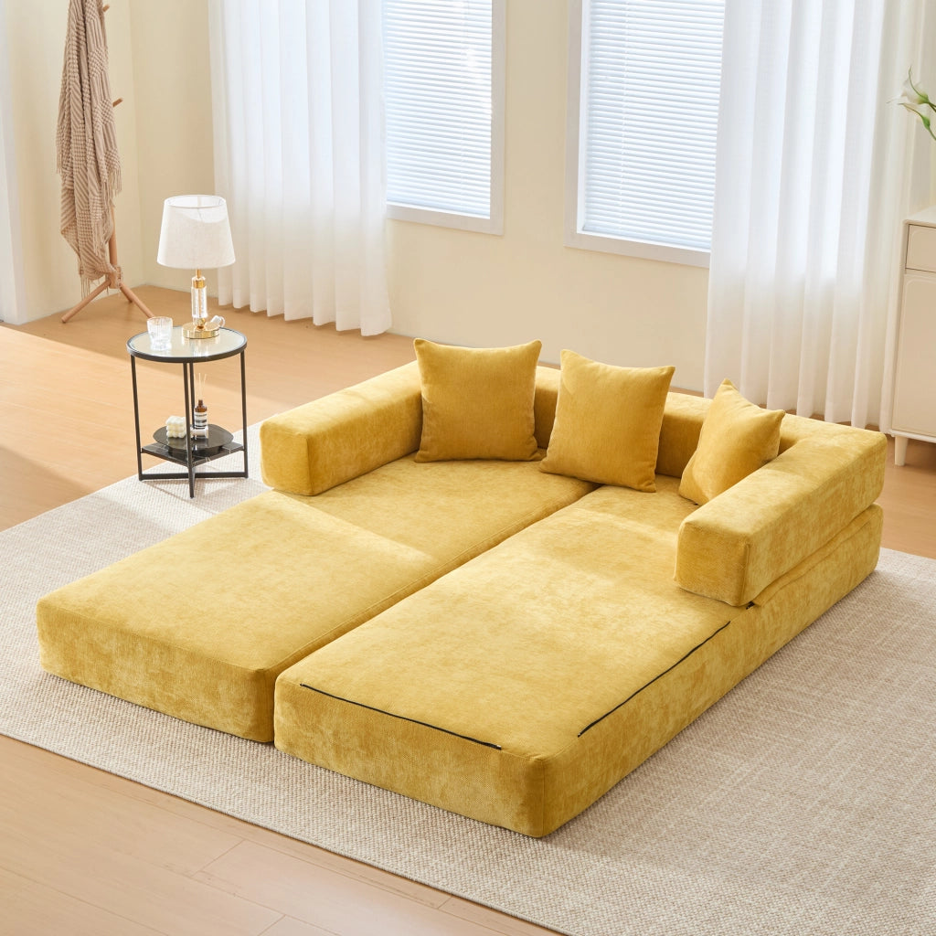 Divano modulare in ciniglia con tasche laterali, base antiscivolo e montaggio rapido, giallo senape 198 × 79 × 60 cm