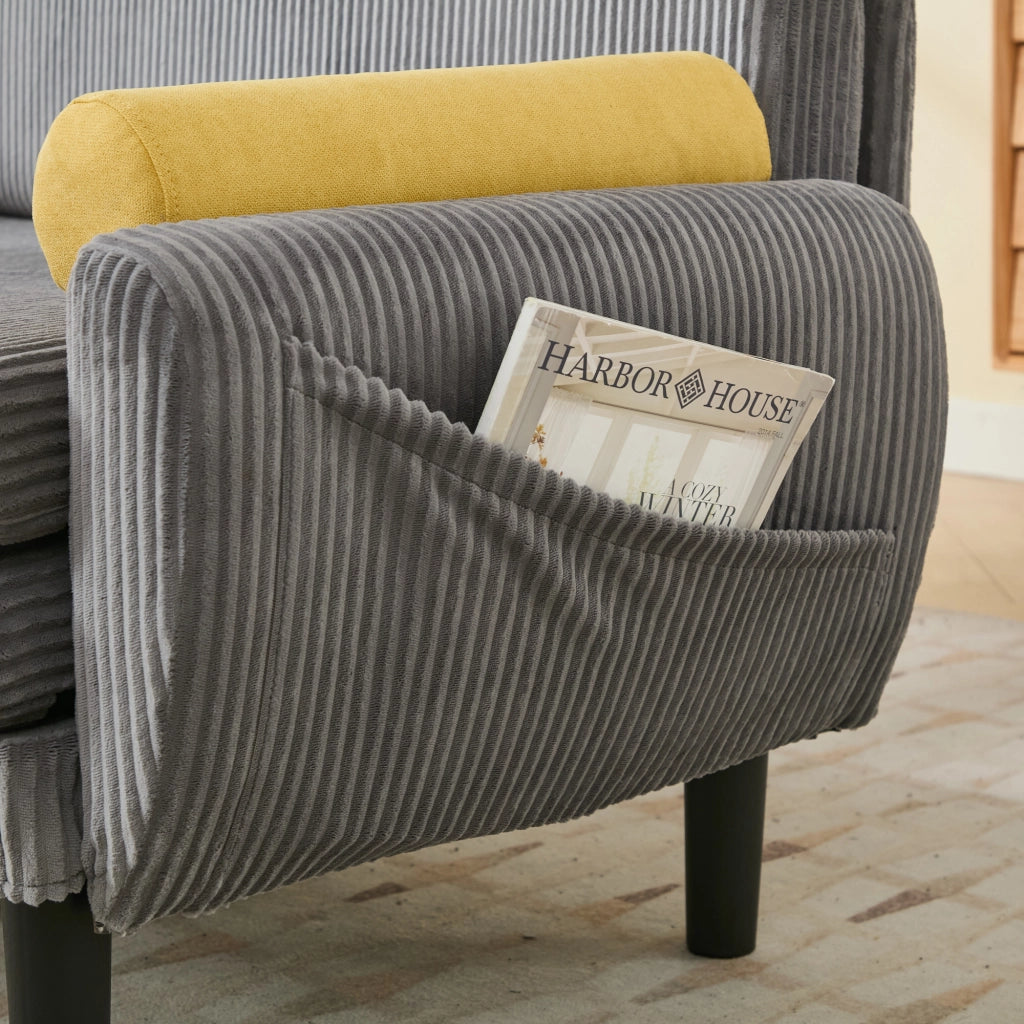 Divano convertibile modulare con schienale regolabile, cuscini rotondi e struttura in metallo per relax, grigio