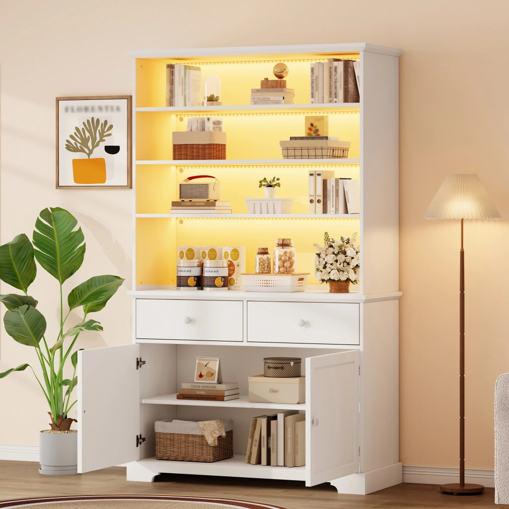 Vetrina con LED, 2 ante, 2 cassetti e 7 vani per soggiorno, in truciolare bianco, 100 × 38 × 170 cm