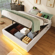 Letto imbottito beige 90x200 cm con LED, USB e contenitore