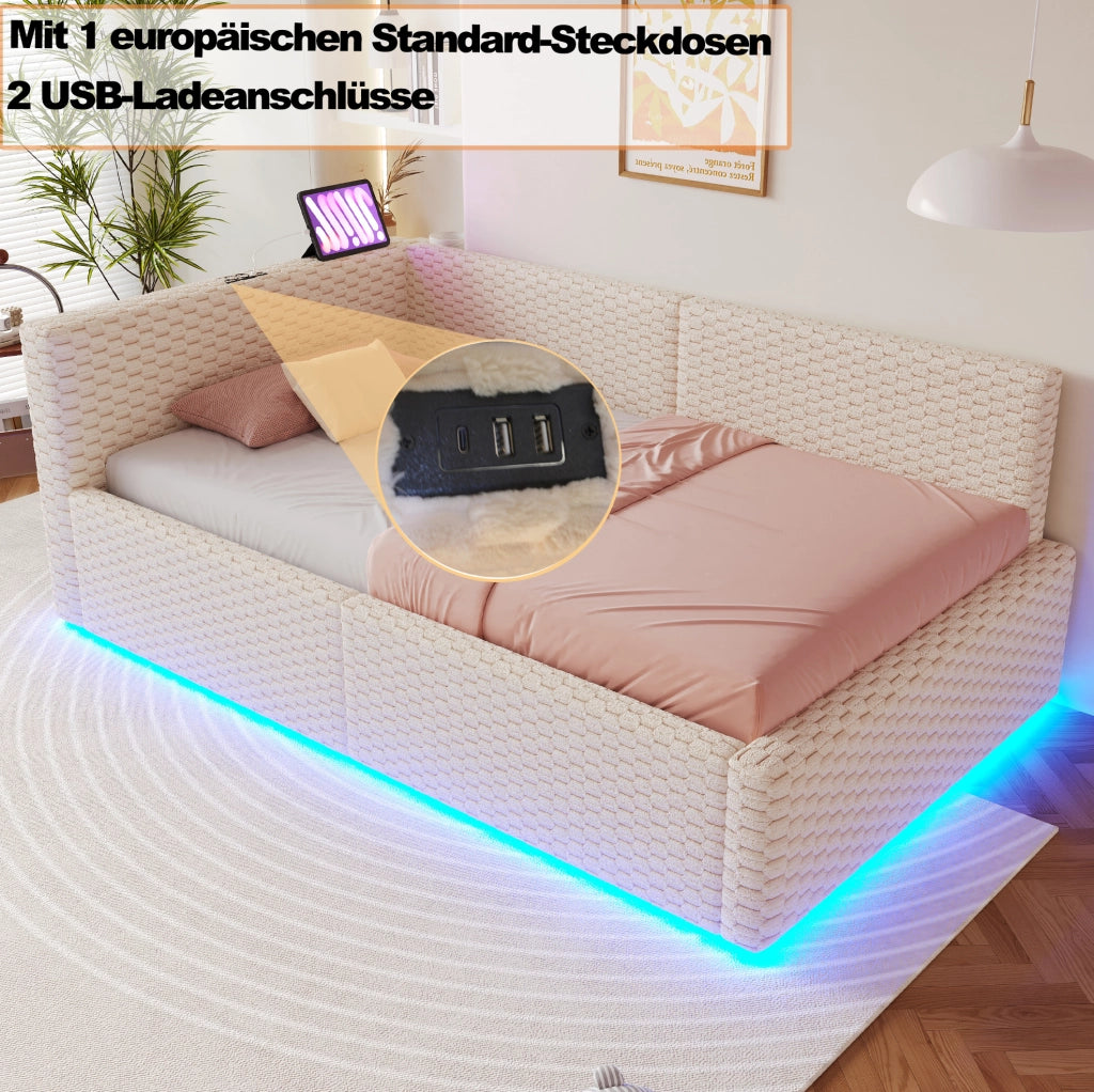 Letto imbottito multifunzione 90x200 cm con LED; 2 USB e Type-C; schienale a L; velluto beige