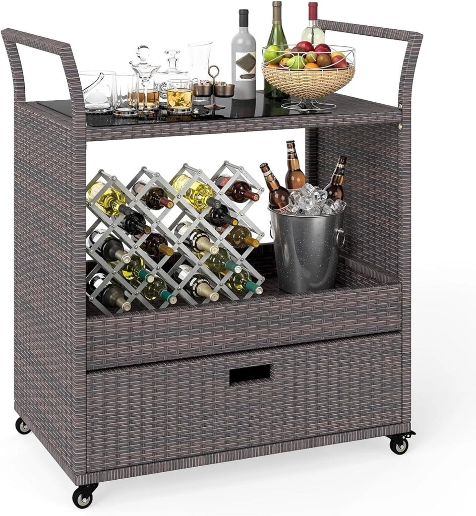 Carrello Bar da Esterno con Ruote, Carrello di Servizio in Rattan con Ripiano in Vetro Temperato, Scaffale di Stoccaggio e Cassetto Rimovibile per Veranda, Giardino e Bordo Piscina