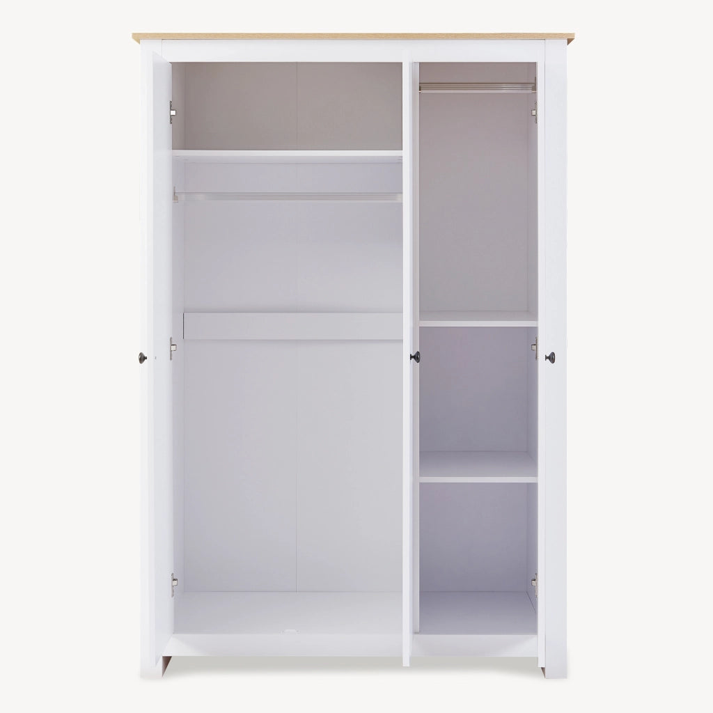 Armadio Guardaroba Vasand a 3 Ante con Barre Appenditi e Ripiani 175x120x52 cm Bianco / Effetto Rovere [en.casa]