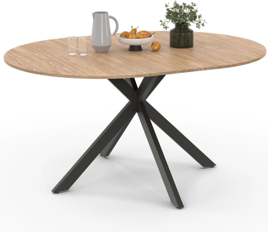Tavolo da pranzo allungabile ALIX, rotondo, 4-8 persone, nero e gambe a zampa di spagnola in legno 110-150 cm