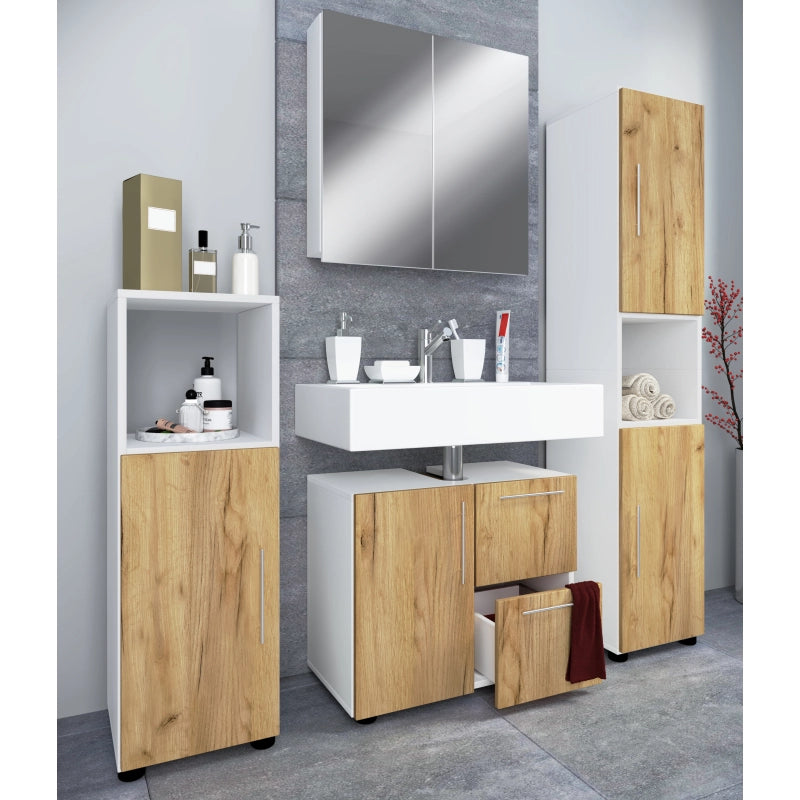Armonia di Ezooza  Set Bagno Completo 4 Pezzi Mobile Lavabo + Colonna + Pensile e armadietto a specchio, Bianco/Rovere ,
