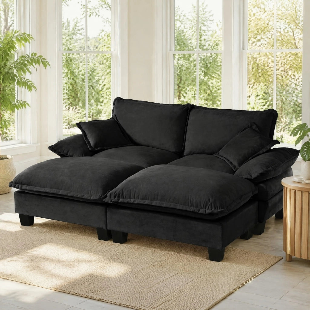 Divano Angolare Modulare 2 Pouf 2 Cuscini in Chenille Nero 194 × 151 × 90 cm
