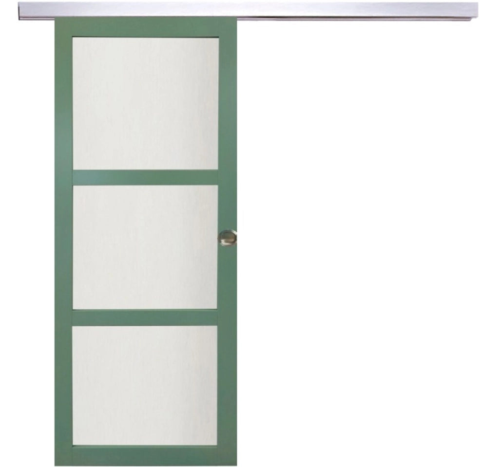 Porta Scorrevole Verde Ral 6021 Vetrata H204 x L83 + Binario in Alluminio e 2 gusci