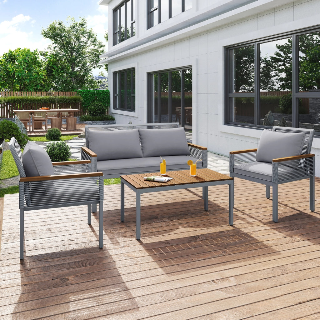 Set Divano da Giardino con Cuscini, 2 Poltrone e Tavolino ¨C MINIMAL ¨C Polyrattan, Grigio