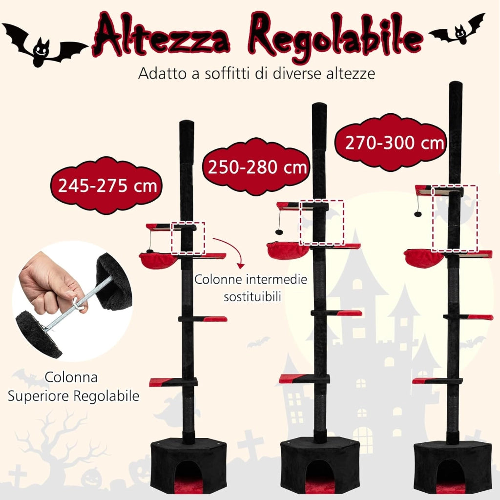 Albero per Gatti in Stile Gotico, Tiragraffi per Gatti da Pavimento a Soffitto Regolabile 245-300 cm con Condo, Amaca, Tiragraffi in Sisal e Pallina Pendenti, Mobile da Interno per Gattini