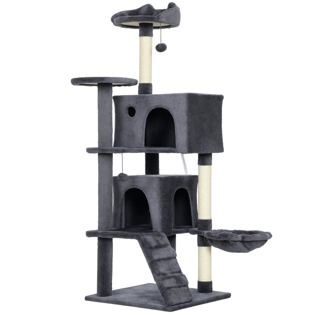 Albero Tiragraffi per Gatti Alto 140 cm con 2 Casette Lettino e Amaca per 2-3 Gatti in Peluche Grigio