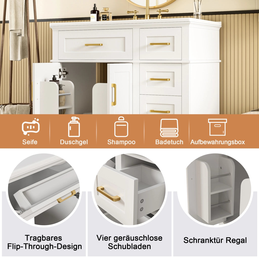 Mobile sottolavabo con lavandino in ceramica, 2 ante e 5 cassetti, per bagno, in MDF e ceramica, bianco, 90 × 46 × 87 cm