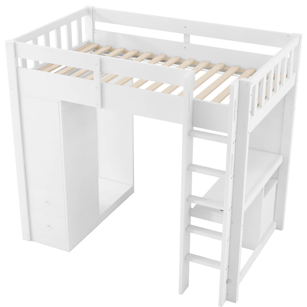 Letto a Soppalco 90x200 cm; 1 Posto - LED; USB; Scrivania; 4 Cassetti e Armadio - Bianco