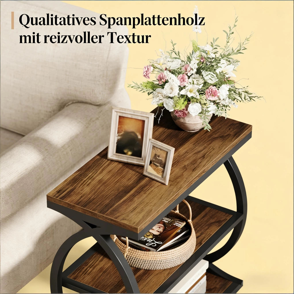 Tavolino basso fisso industriale farmhouse con 3 ripiani aperti in metallo e legno nero e marrone rustico 60 cm
