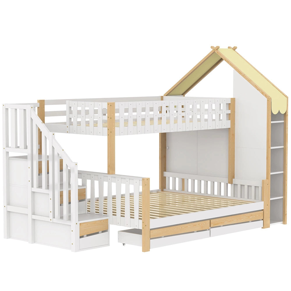 Letto a castello-Xylo-90x200+140x200cm, 2 cassetti, barriera, scala