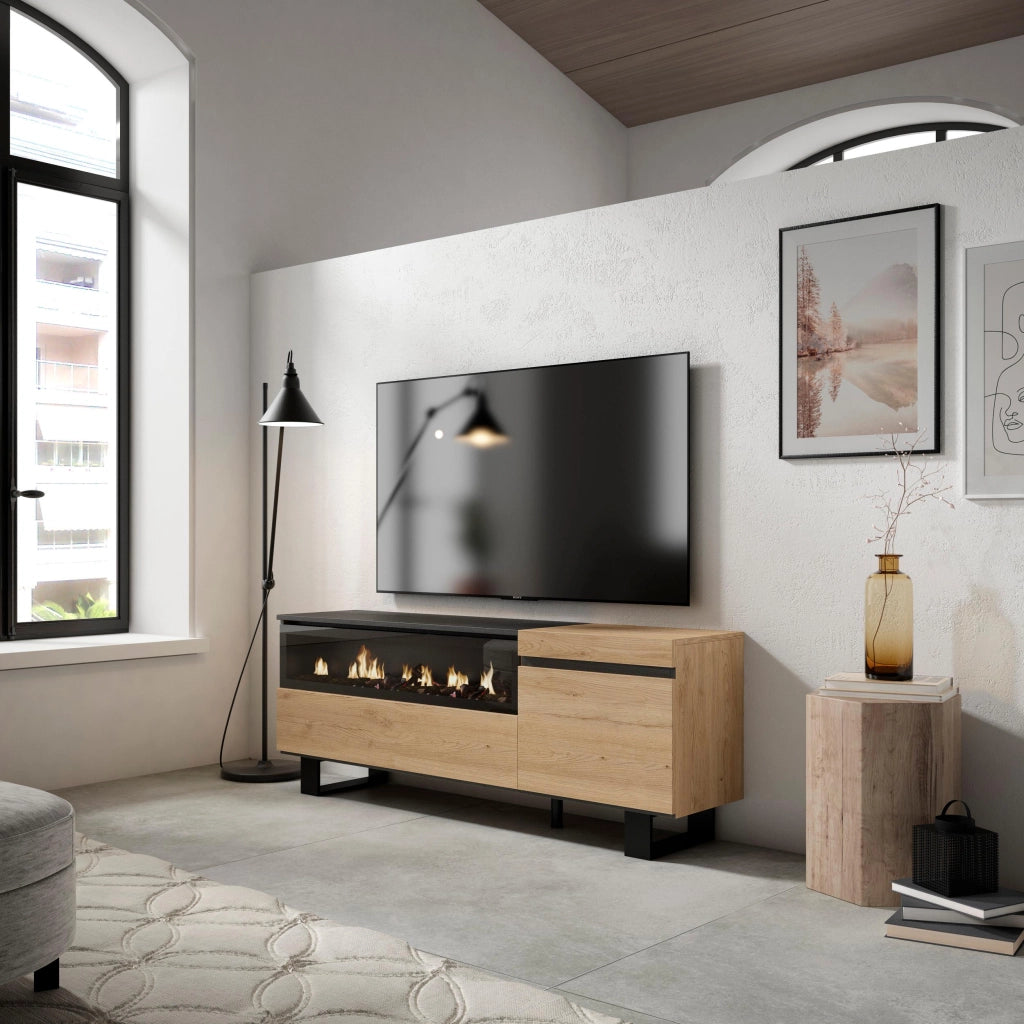 Mobile TV Soggiorno, 150x35x57cm, Per TV fino a 65", Camino elettrico, Design industriale, colore Rovere e nero RF2431