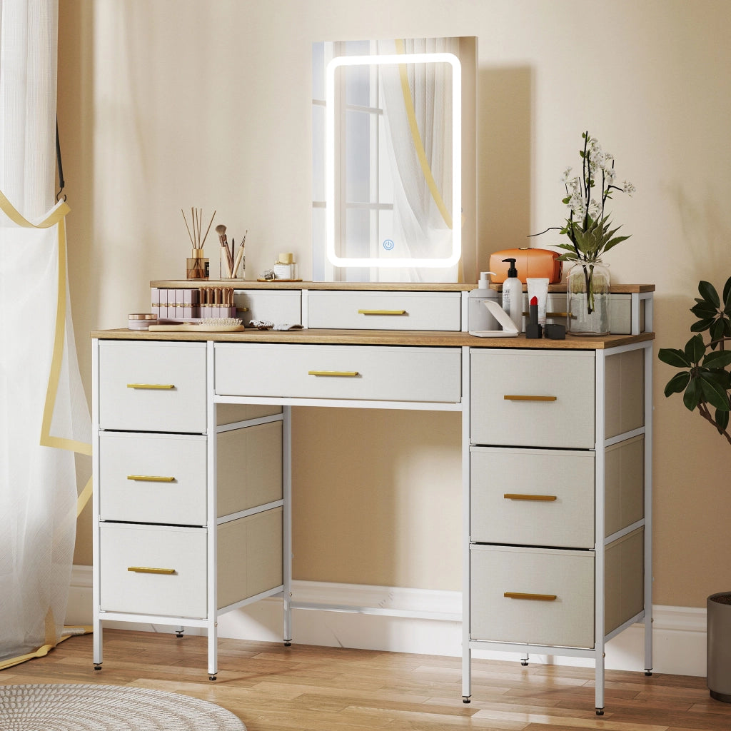 Scrivania trucco con specchio e luci LED ¨C Zephmum ¨C 118.5x39.5x140 cm naturale