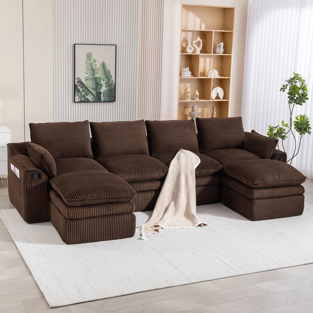Divano modulare a 4 posti in velluto a coste; 335x167x85 cm; marrone