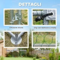 Recinto per Galline da 10.2m² per 10-15 Galline con Tetto Impermeabile, in Acciaio e Tessuto, 3x3.4x1.9 m, Argento