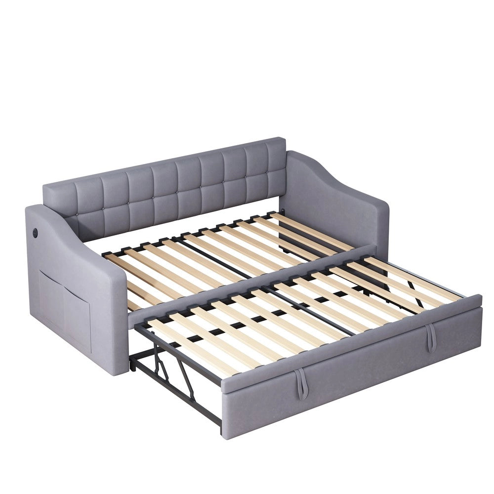 Letto Imbottito 2 in 1 con Divano ¨C MINIMAL ¨C Grigio Velluto 90x/180x con Presa e Tasca