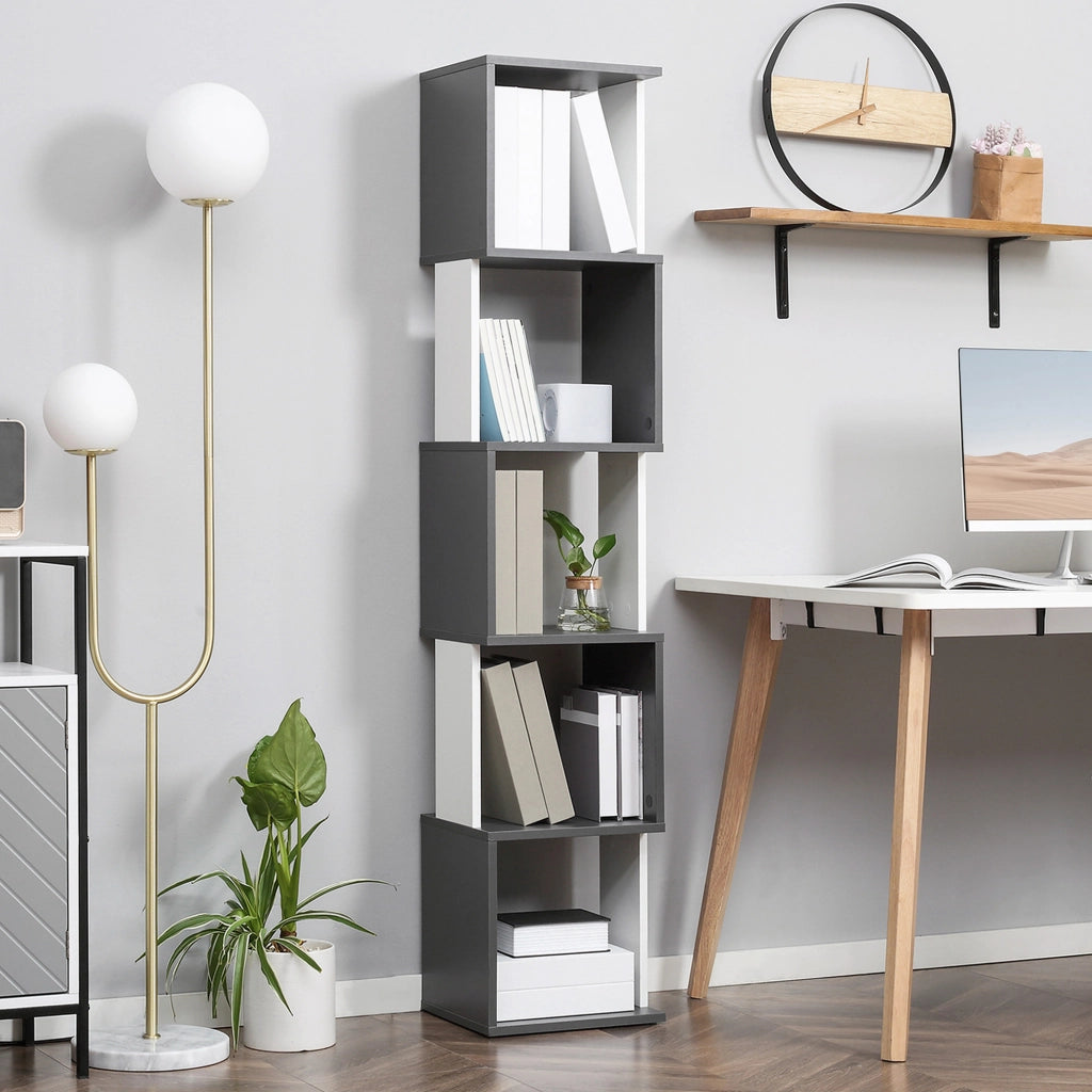 EasyComfort Libreria Moderna Salvaspazio a 5 Ripiani in Legno, 33x28x161cm, Grigio e Bianco