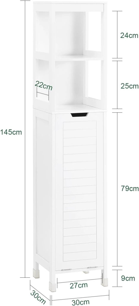 Mobile Bagno Salvaspazio con Portabiancheria Colonna Bagno 145cm con Ripiani Aperti e Cesto Estraibile Armadio Alto Bianco BZR123-W