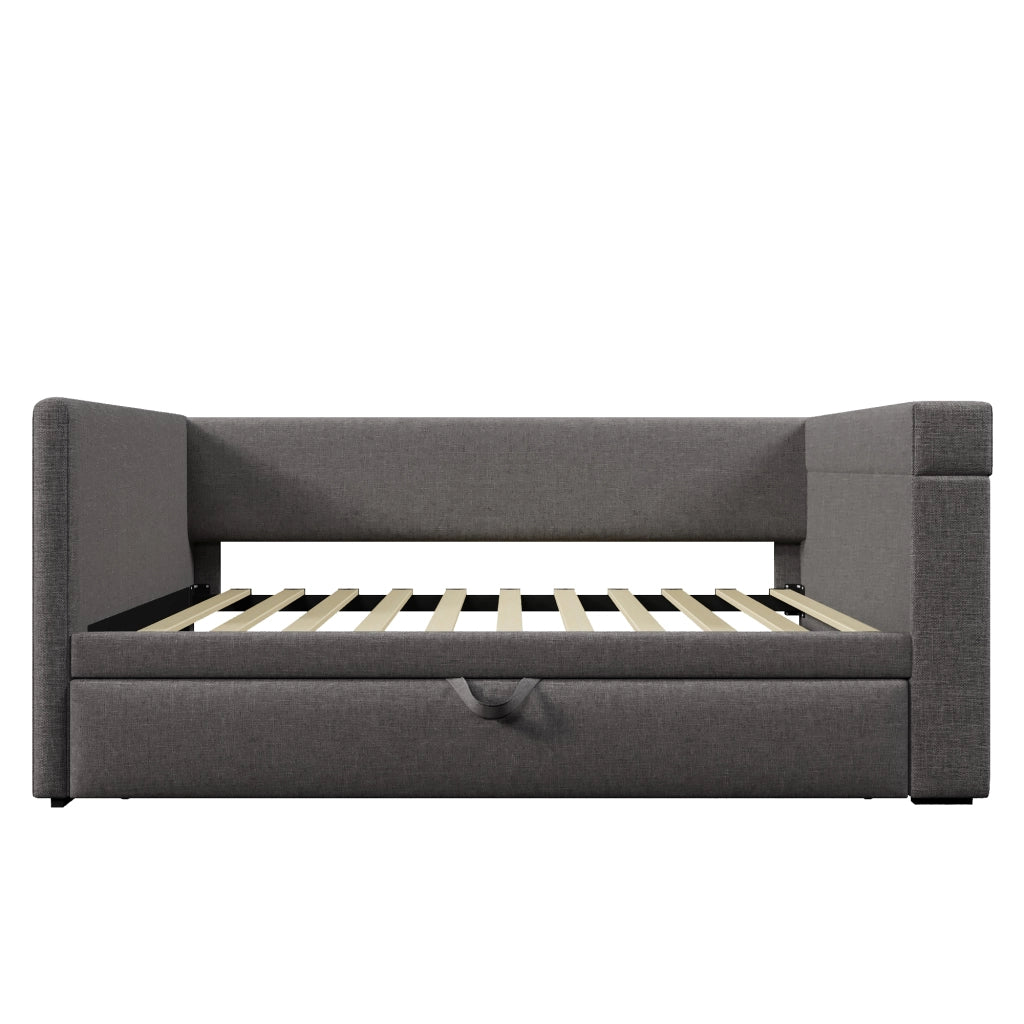 Letto giorno imbottito 90x190 cm con letto estraibile, porte USB e Type-C, grigio, senza materasso