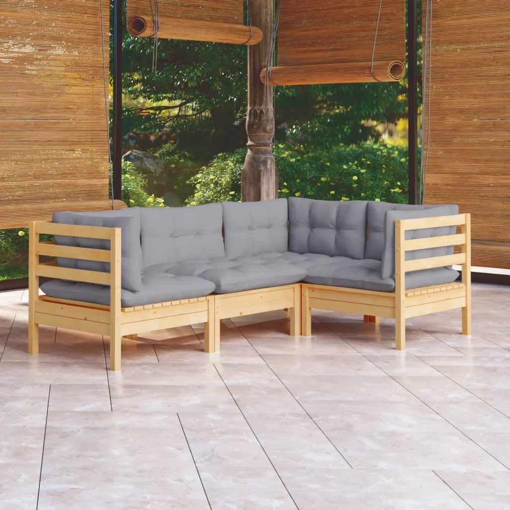 Set Divani da Giardino 4 pz con Cuscini Grigi Massello di Pino cod mxl 38686
