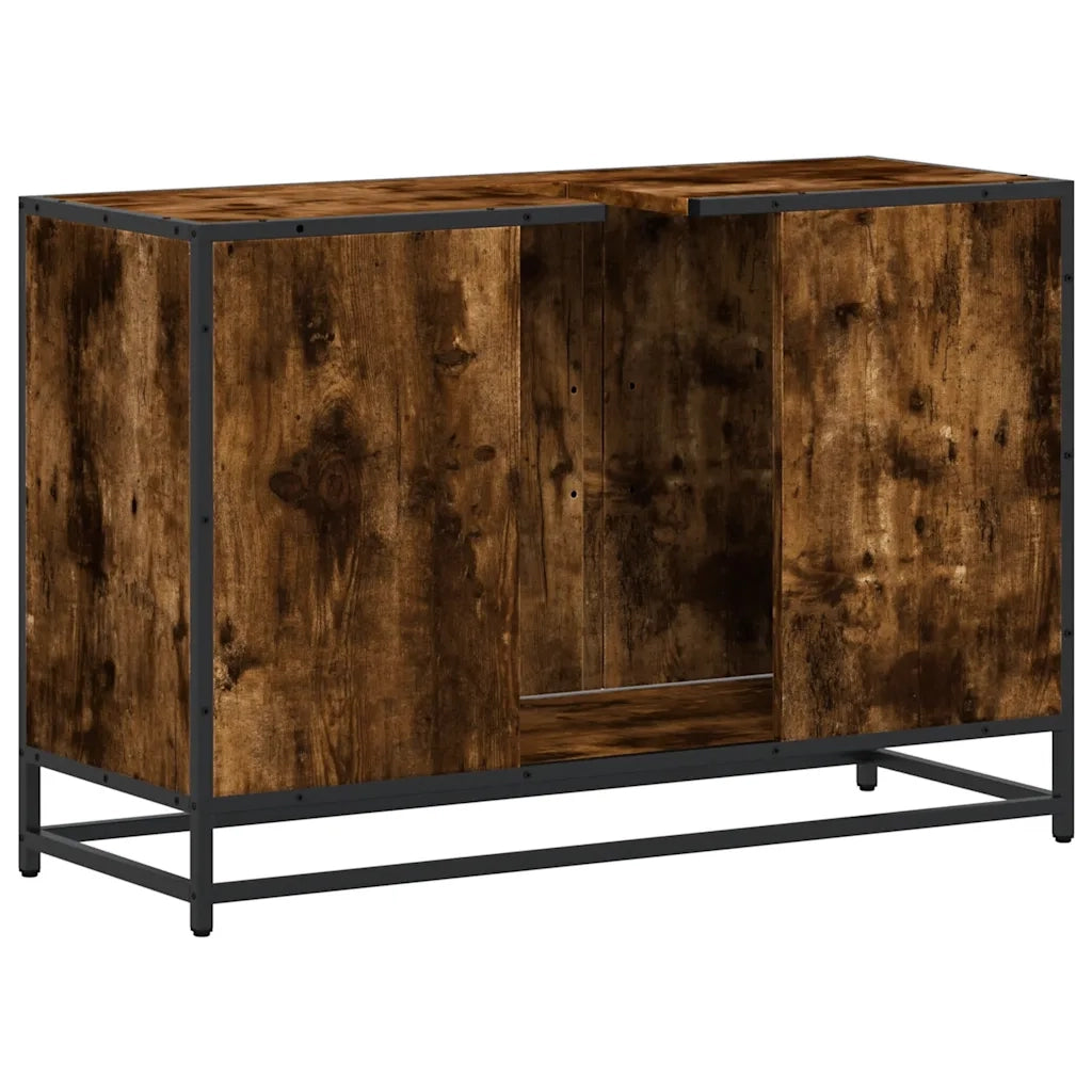 Elegante mobiletto da bagno in stile retrò 90 x 33 x 60 cm ampio spazio contenitivo stile industriale legno di rovere affumicato 02_0049659